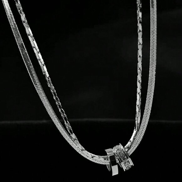 Silver Casual Women's Stainless Steel Round Cz Inlaid Double Layer Necklace - Picture 2 of 14